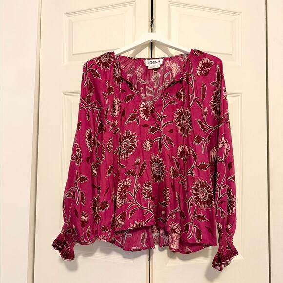 Anthropologie Omika Salena Peasant Blouse Pink Floral V-Neck Flowy Blouse Small - Picture 6 of 9